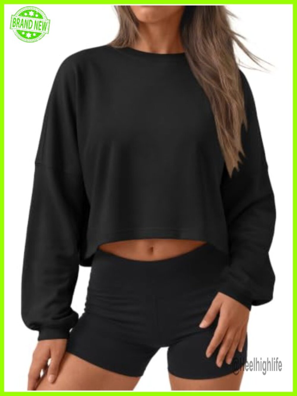 Womens Cropped Crewneck Sweatshirt Long Sleeve Loose Fit Pullover